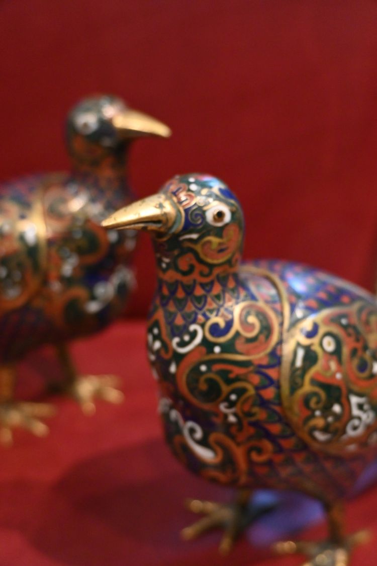 Chine , paire de cailles en cloisonné  brûle parfum