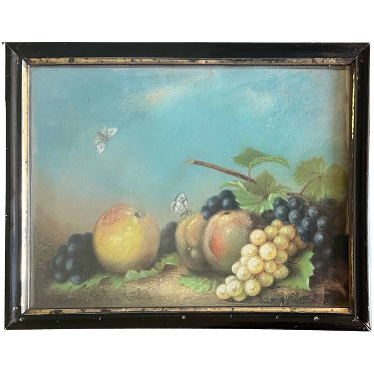 Tableau Pastel sur papier signé V. Belot XIX° "Nature morte aux papillons"