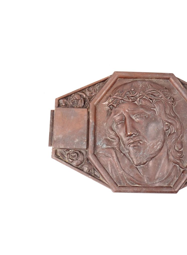 Plaque murale Art Déco bronze du Christ couronne d'épines signée M Thomas début XXe