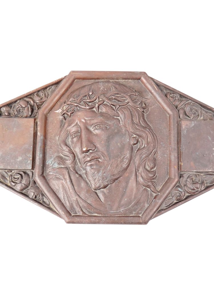 Plaque murale Art Déco bronze du Christ couronne d'épines signée M Thomas début XXe