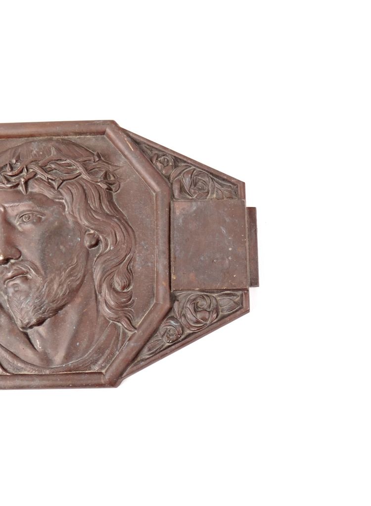 Plaque murale Art Déco bronze du Christ couronne d'épines signée M Thomas début XXe