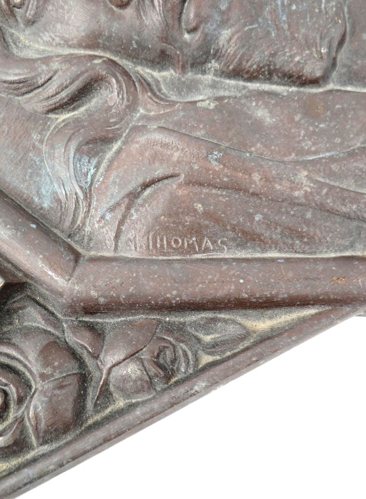 Plaque murale Art Déco bronze du Christ couronne d'épines signée M Thomas début XXe