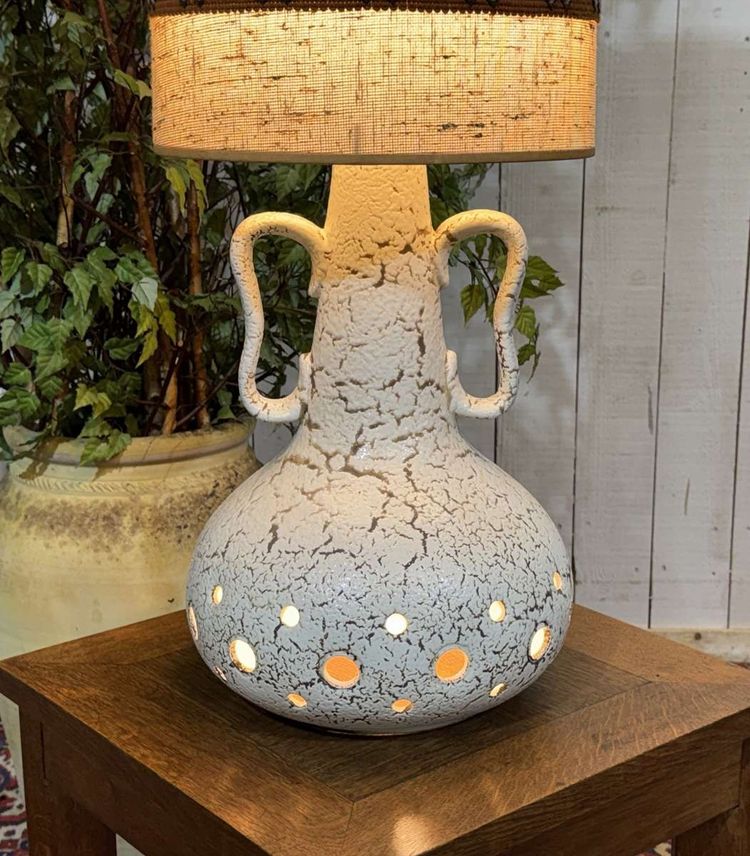 70s white ceramic lamp with period shade