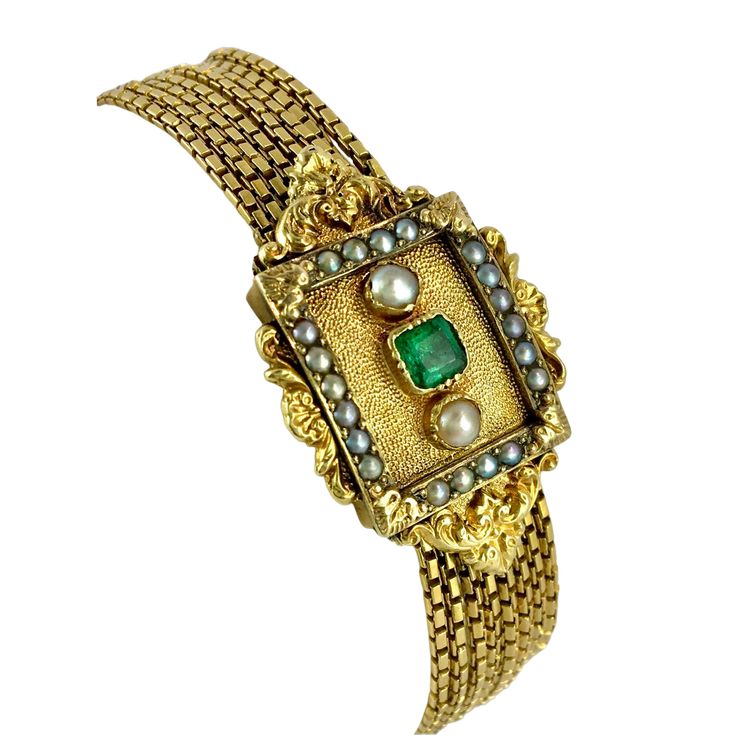 19th Century First Empire Napoleon Bracelet with Emerald and Fine Pearls on Yellow Gold, Multi-strand