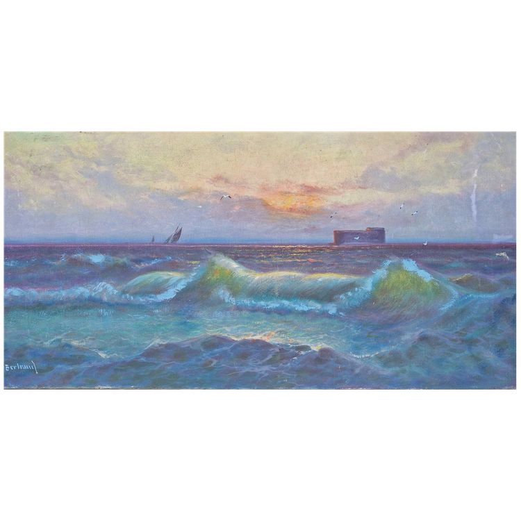 Tableau le fort de la Conchée à Saint Malo et effets de vague au coucher de soleil