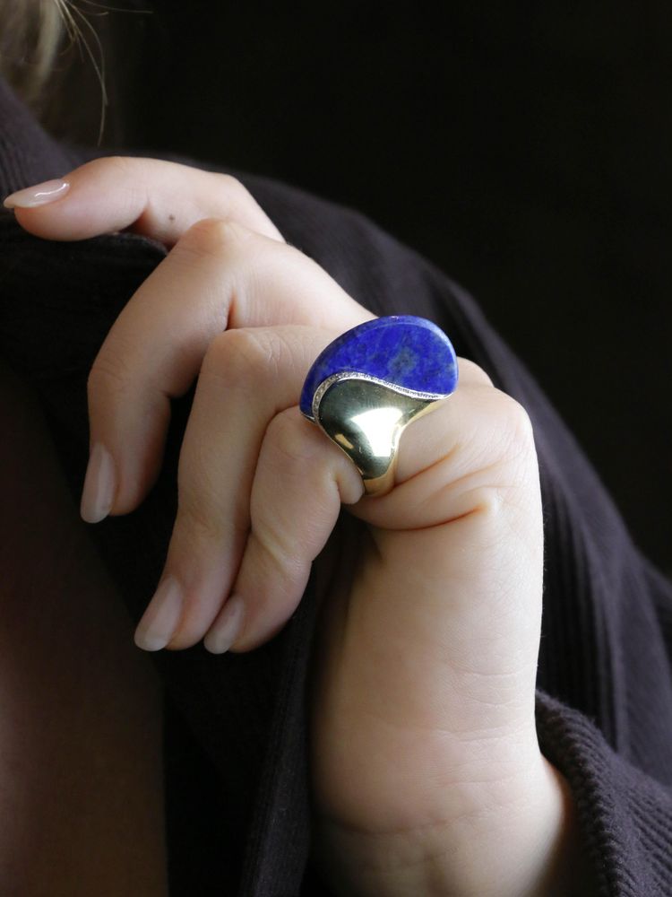 Bague cocktail or jaune lapis lazuli diamants