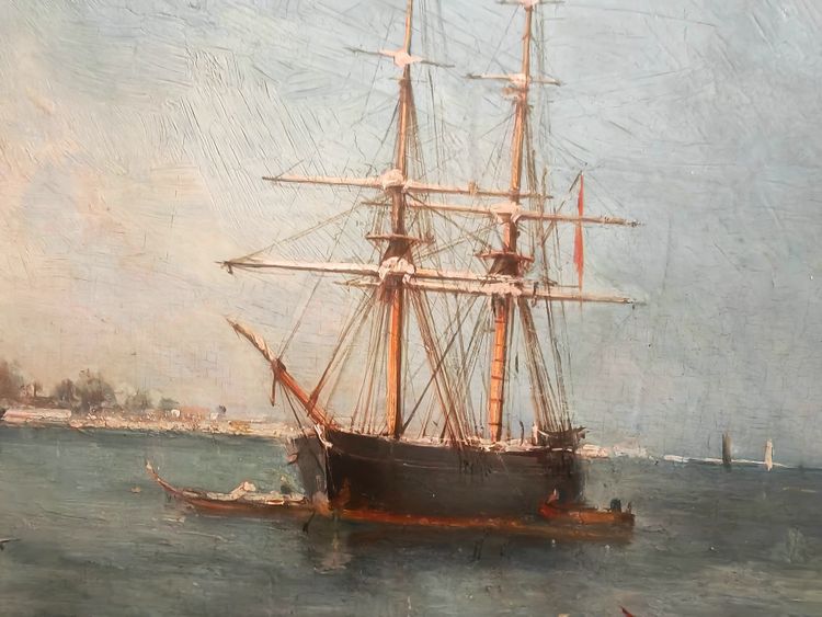 Dipinto orientaleggiante su tavola raffigurante il Bosforo, firmato dal pittore Henri Duvieux, XIX secolo.