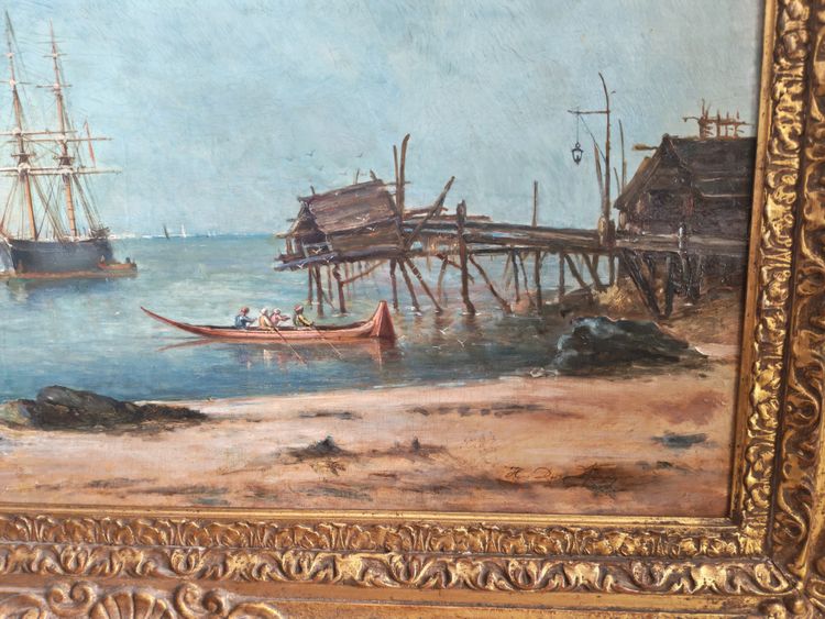Dipinto orientaleggiante su tavola raffigurante il Bosforo, firmato dal pittore Henri Duvieux, XIX secolo.
