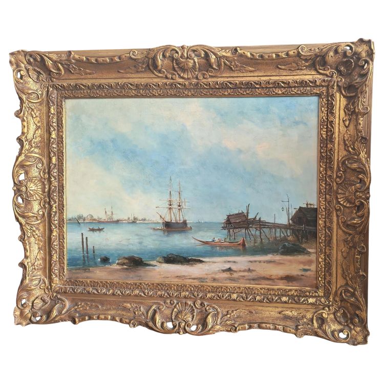 Marine orientaliste sur panneau représentant le Bosphore signé du peintre Henri Duvieux, époque XIXe