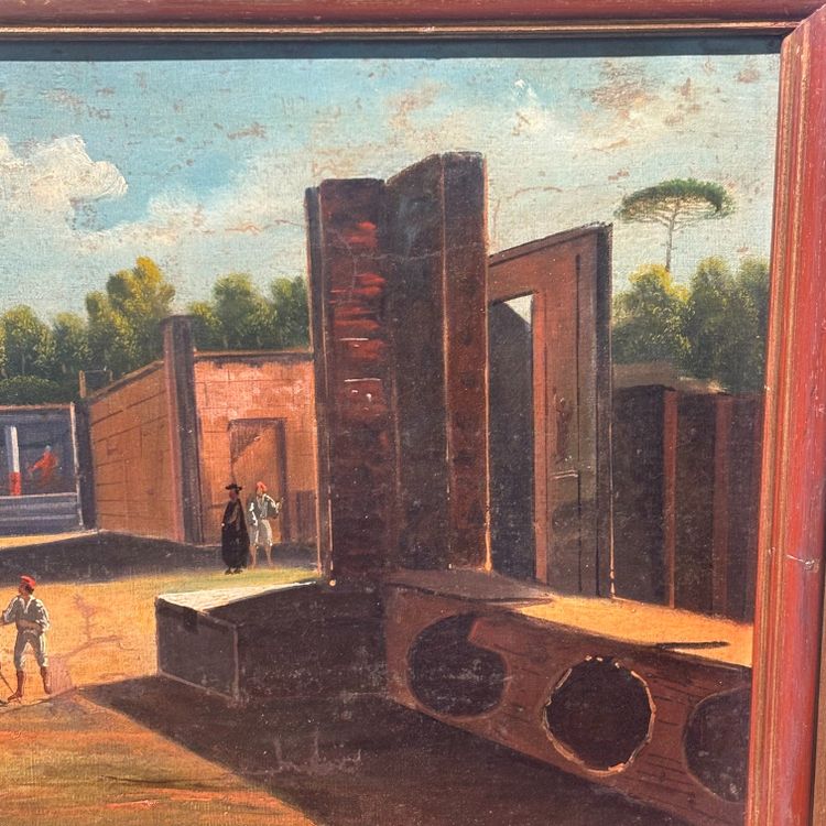 Huile sur toile ancienne représentant les fouilles de Pompéi, XVIIIe siècle, école napolitaine. Dimensions : 56 x 35 cm. Magnifique.