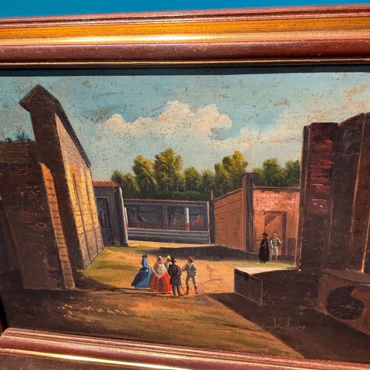 Huile sur toile ancienne représentant les fouilles de Pompéi, XVIIIe siècle, école napolitaine. Dimensions : 56 x 35 cm. Magnifique.