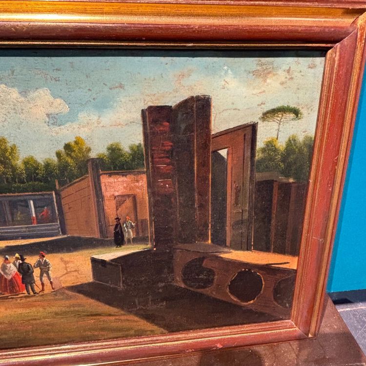 Huile sur toile ancienne représentant les fouilles de Pompéi, XVIIIe siècle, école napolitaine. Dimensions : 56 x 35 cm. Magnifique.