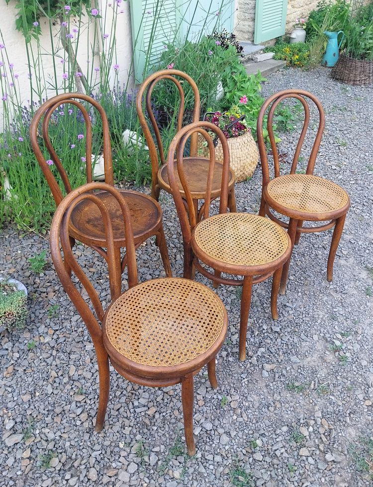 Hervorragendes Set aus 5 antiken Bistrostühlen – 3 authentische Thonet-Stühle