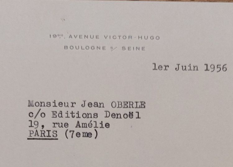 André Malraux - (1901-1976) - Lettera firmata a Jean Oberlé - 1956 -