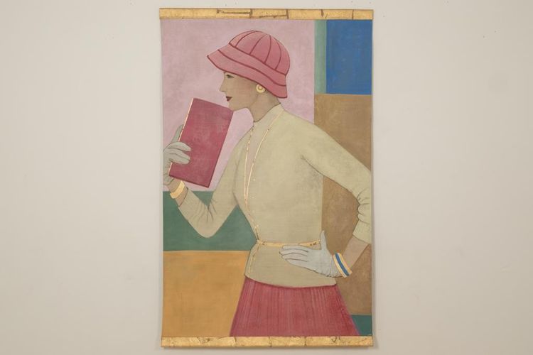Tela dipinta raffigurante una donna degli anni '50. Opera contemporanea. LS6760C673/1