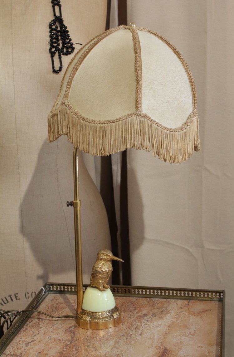 Lampe réglable oiseau en laiton doré et abat-jour 20ème siècle