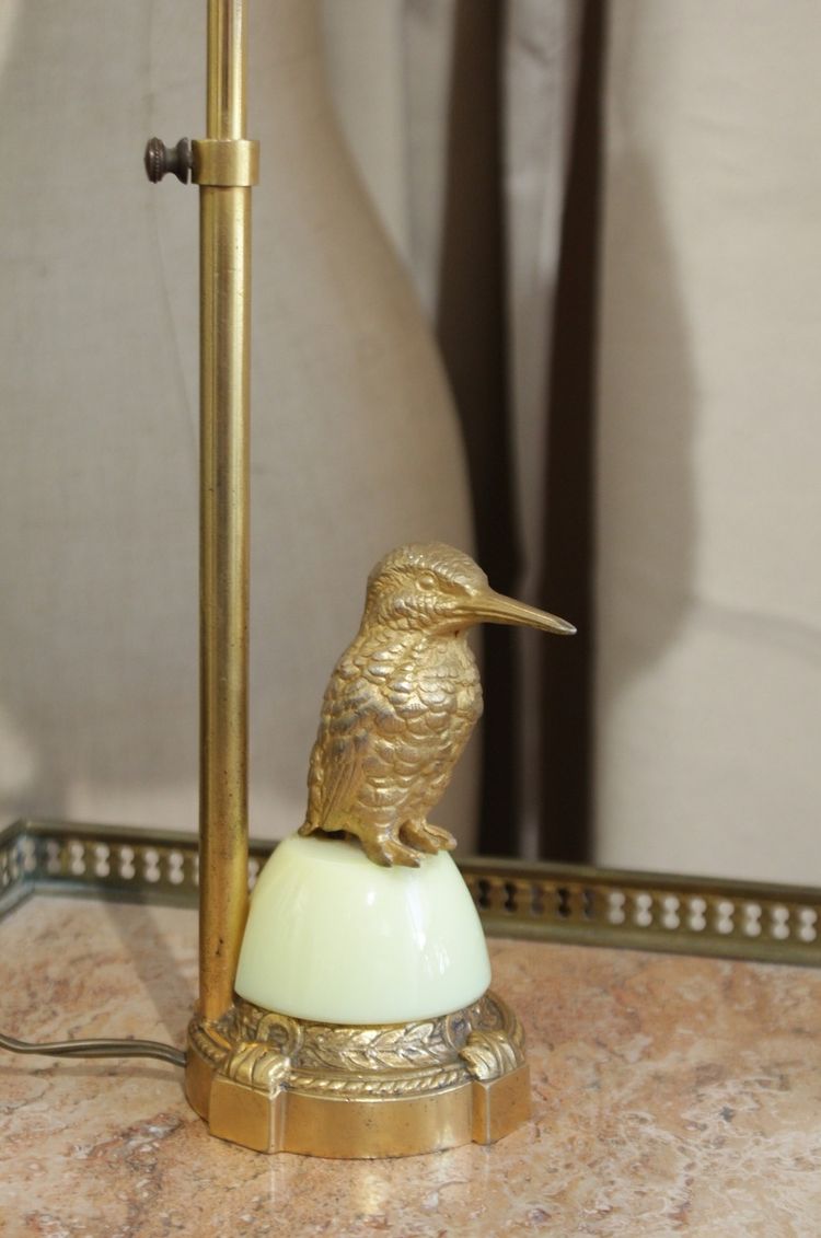 Lampe réglable oiseau en laiton doré et abat-jour 20ème siècle