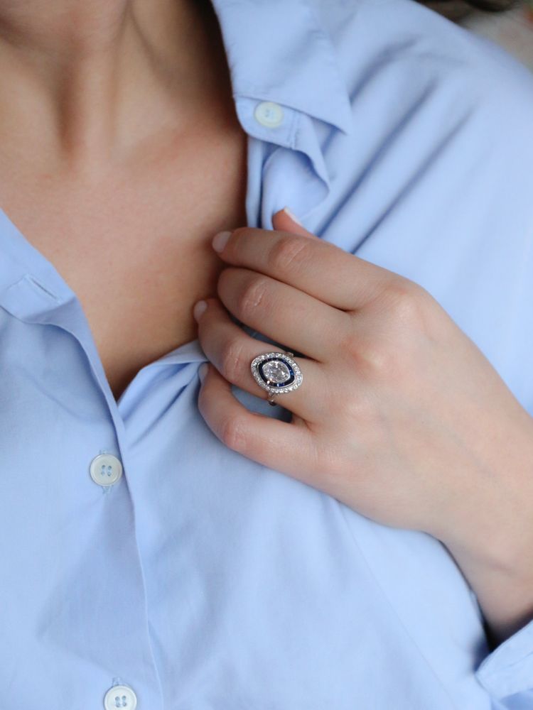 Art Deco marquise ring with calibrated sapphires and a 2.15 ct old-cut marquise diamond