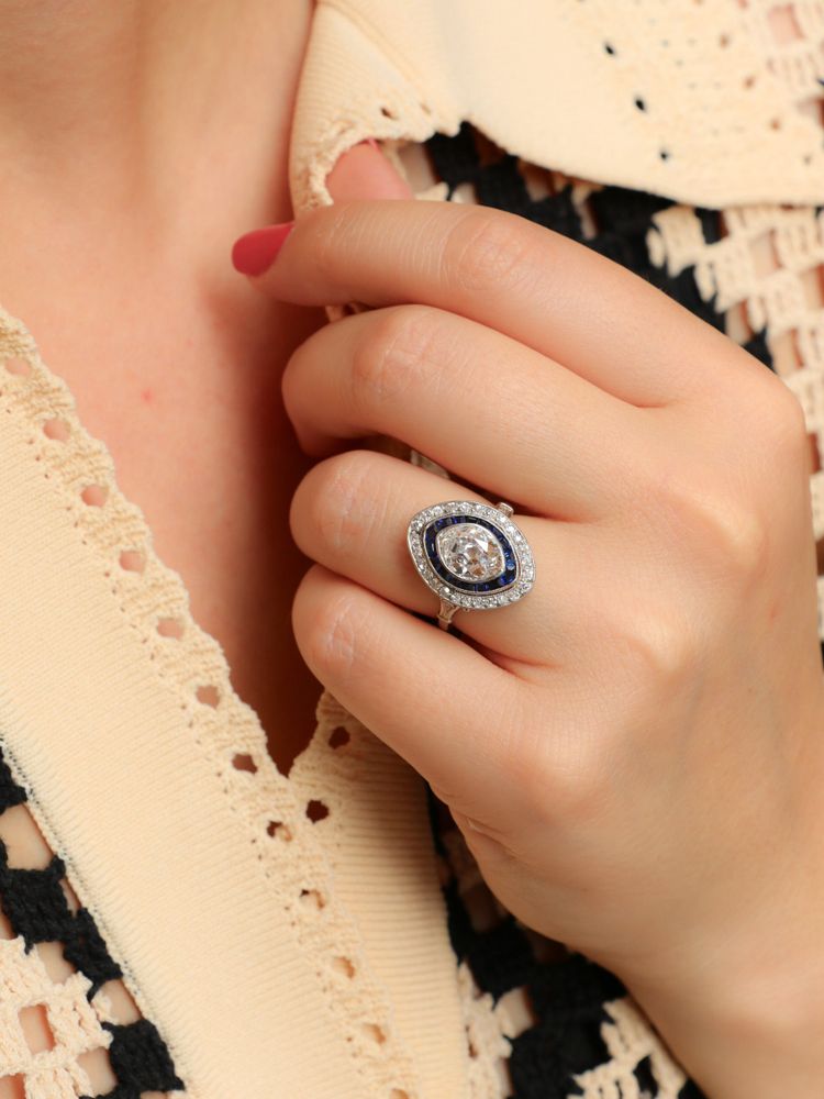 Art Deco marquise ring with calibrated sapphires and a 2.15 ct old-cut marquise diamond