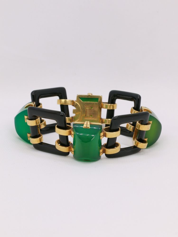 Bracciale Art Déco in oro giallo con onice e crisoprasa