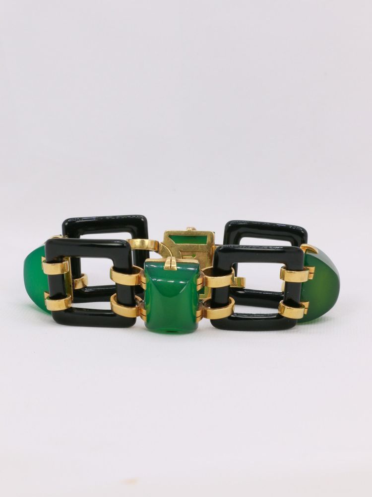Bracciale Art Déco in oro giallo con onice e crisoprasa