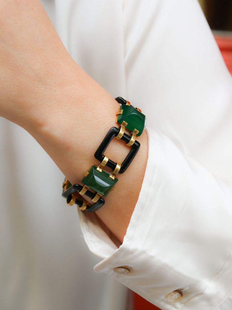Bracciale Art Déco in oro giallo con onice e crisoprasa