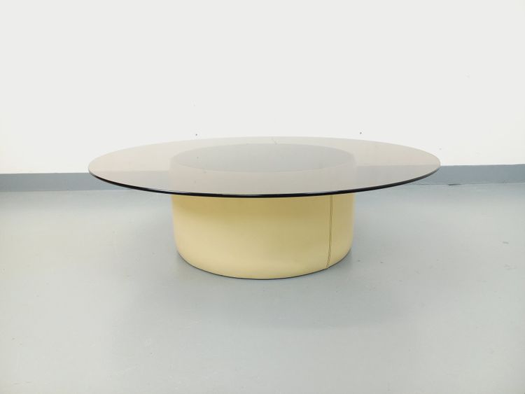 Table basse ronde vintage en verre, cuir et métal style Space Age des années 70