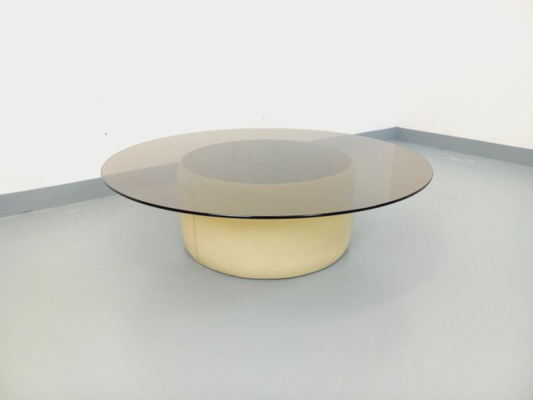 Table basse ronde vintage en verre, cuir et métal style Space Age des années 70
