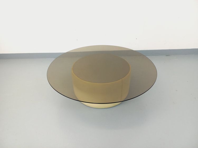 Table basse ronde vintage en verre, cuir et métal style Space Age des années 70