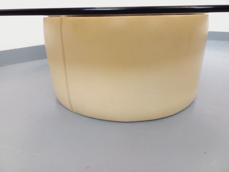 Table basse ronde vintage en verre, cuir et métal style Space Age des années 70
