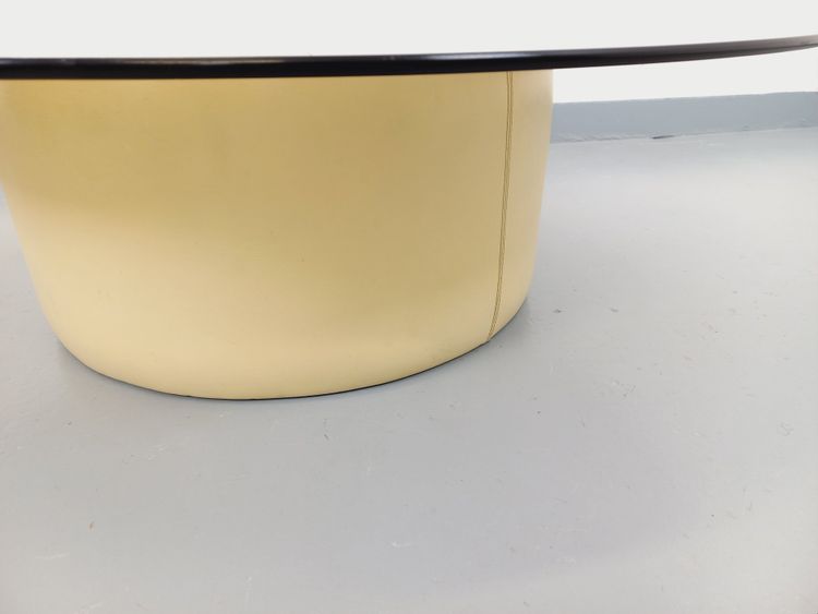 Table basse ronde vintage en verre, cuir et métal style Space Age des années 70