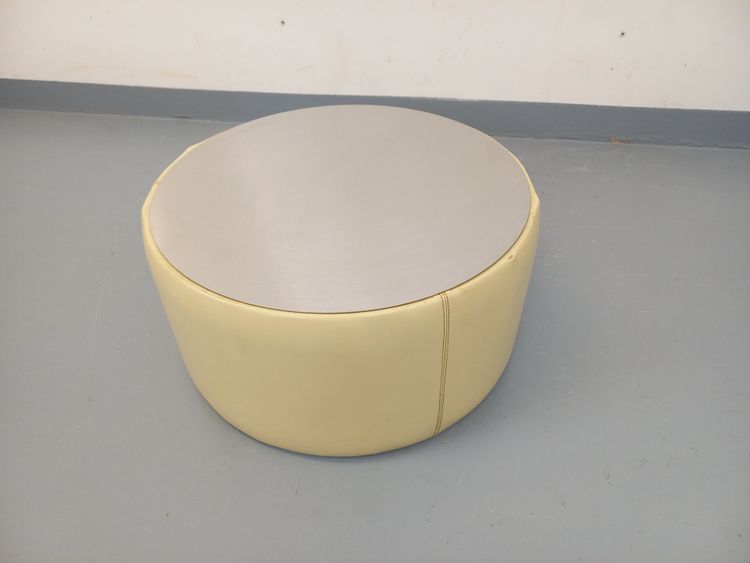 Table basse ronde vintage en verre, cuir et métal style Space Age des années 70