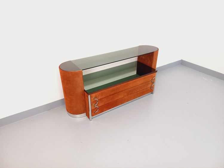 Coiffeuse vintage design italien en velours suédine, chrome, verre fumé et miroir des années 70 80