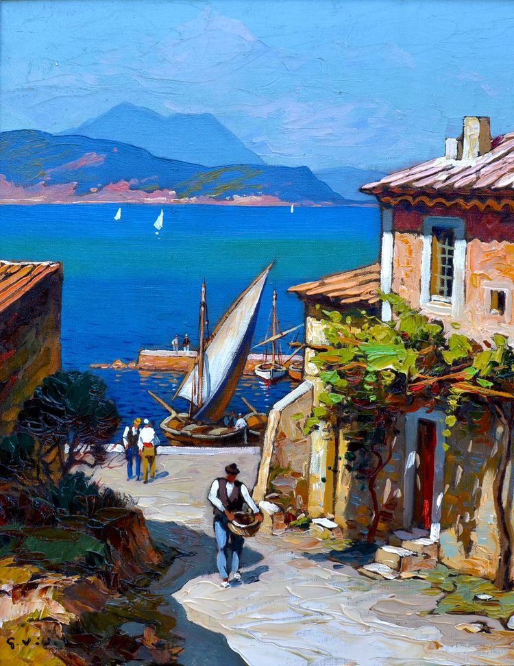 VIDAL Gustave (1895 - 1966) "Petit port en Méditerranée " Corse Provence Avignon Paris France