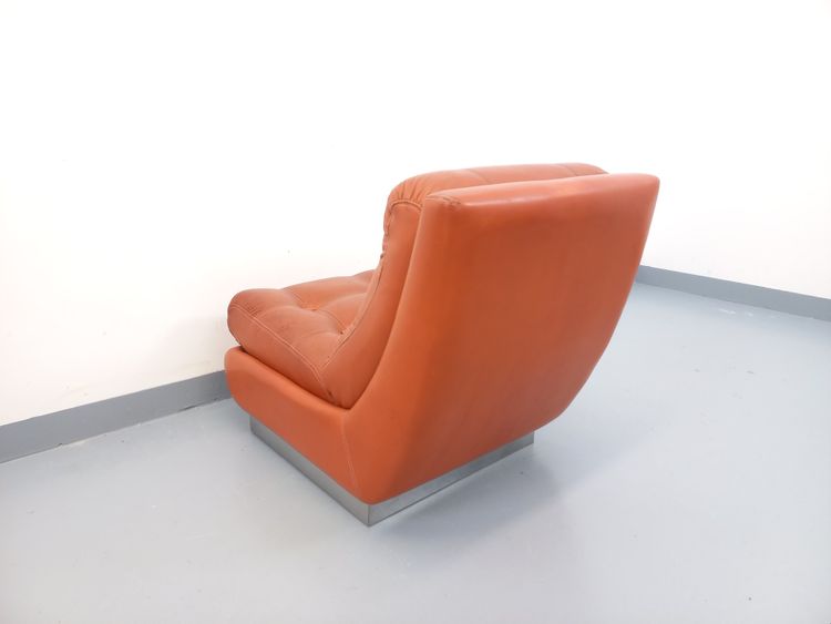 Fauteuil chauffeuse style Roche Bobois vintage en chrome et cuir tuile des années 70