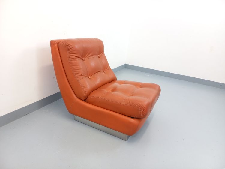 Fauteuil chauffeuse style Roche Bobois vintage en chrome et cuir tuile des années 70
