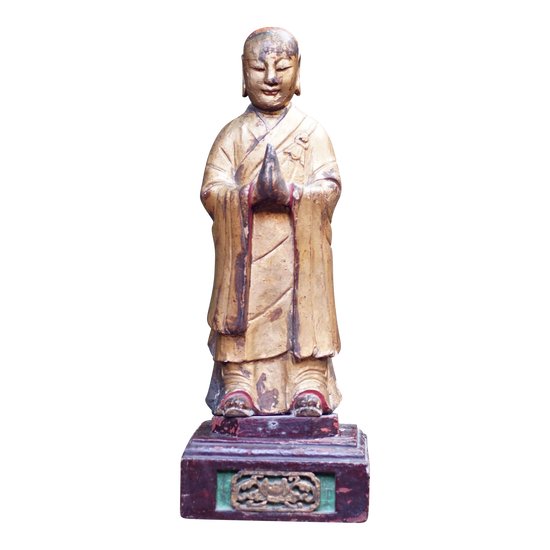 Adorant Chine sculpture bois laqué doré feuille or. Milieu XIX Siècle