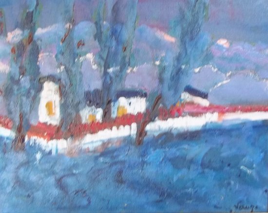 Jacques SAUZE ( 1925-2013 ).field of lavender and cypress.         