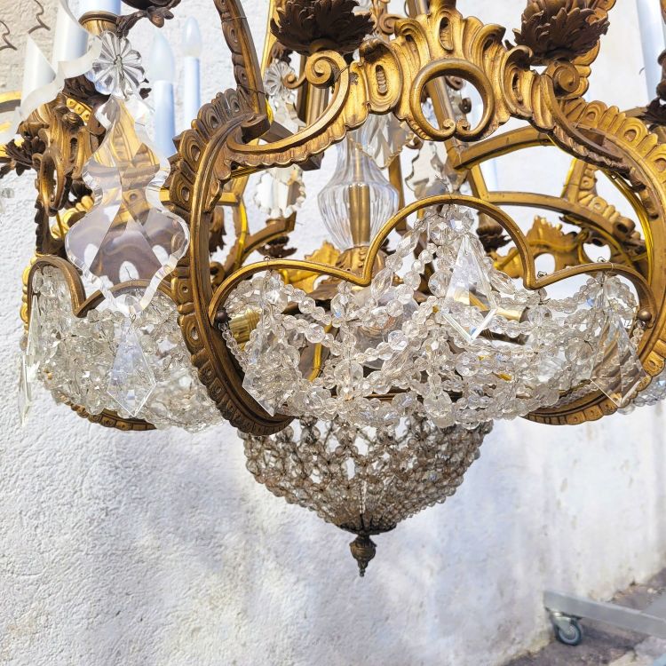 Grand lustre H130cm, bronze et cristal, début XXème siècle