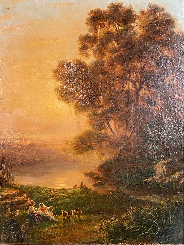 "Belebte Landschaft bei Sonnenuntergang", Öl auf Leinwand 19.