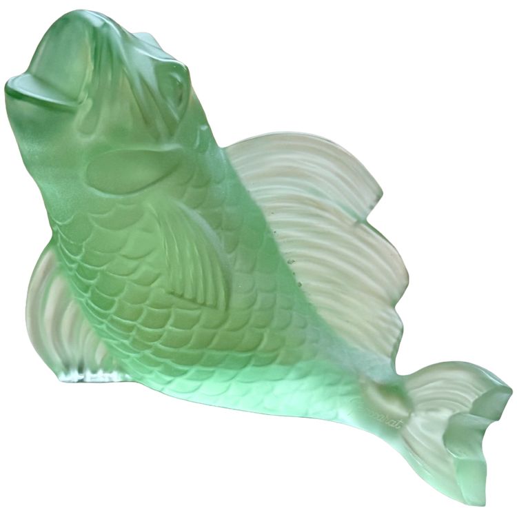 BACCARAT France - Koi carp in water-green satin-finish crystal - signed