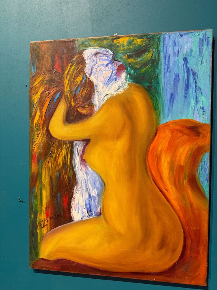 Gianfranco Zaccagnino, olio su tela, arte moderna, "Donna che si asciuga i capelli", 80x60cm