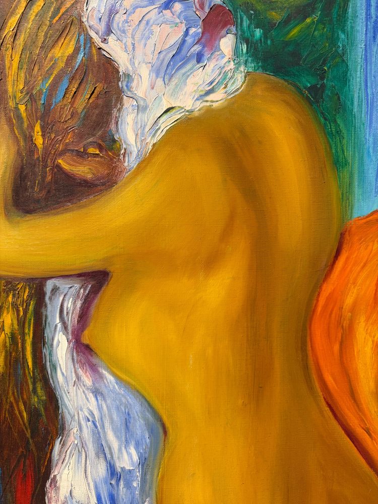 Gianfranco Zaccagnino, olio su tela, arte moderna, "Donna che si asciuga i capelli", 80x60cm