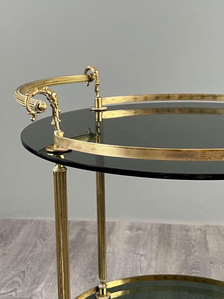 Rolling Table In Brass And Smoked Glass, 20th Century