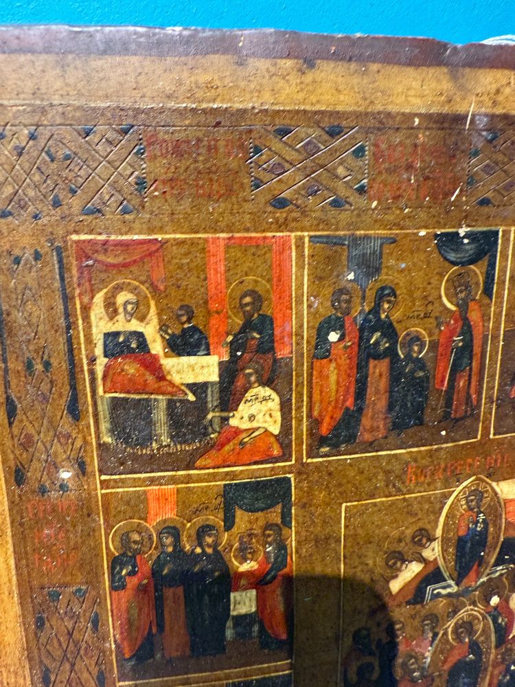 Antique Russian icon on panel, depicting the Twelve Great Feasts, Russia, 19th century, 36x31cm