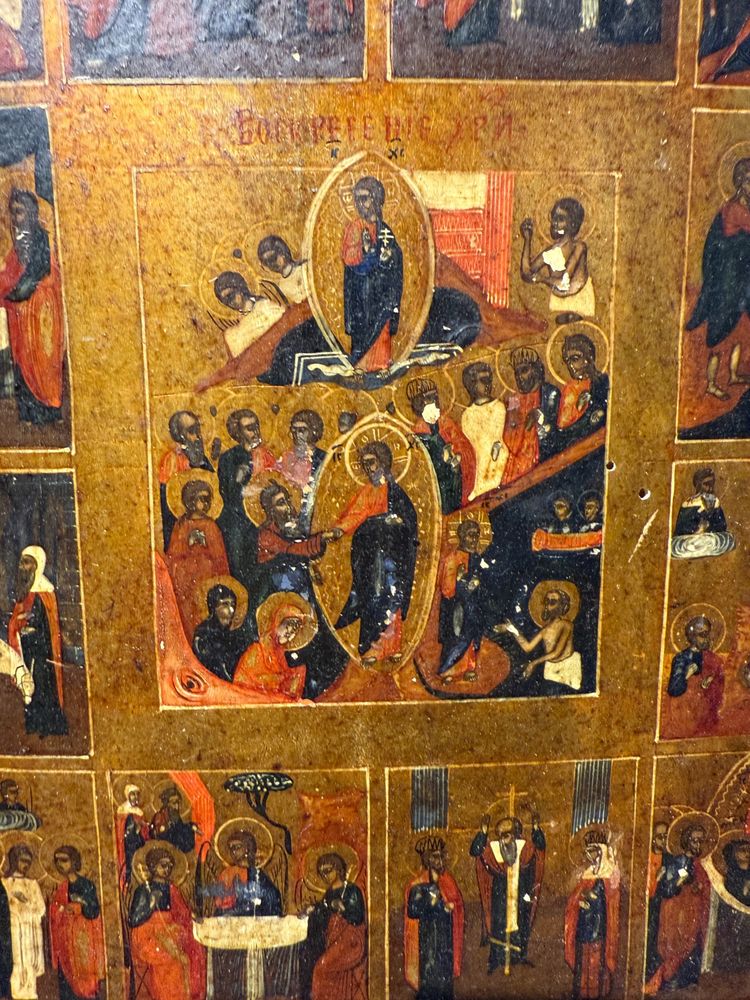 Antique Russian icon on panel, depicting the Twelve Great Feasts, Russia, 19th century, 36x31cm