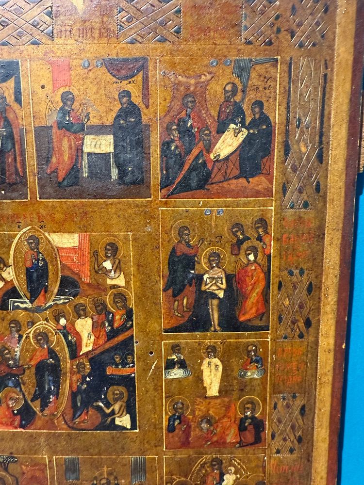 Antique Russian icon on panel, depicting the Twelve Great Feasts, Russia, 19th century, 36x31cm