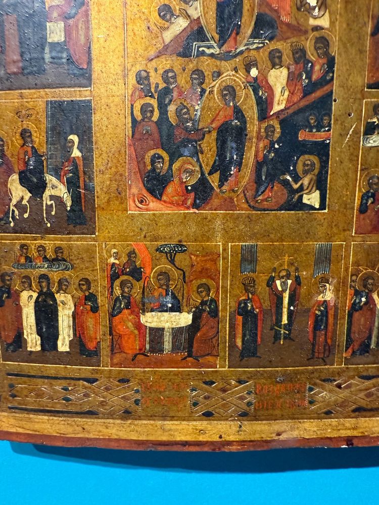 Antique Russian icon on panel, depicting the Twelve Great Feasts, Russia, 19th century, 36x31cm