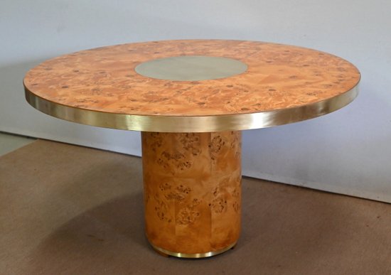 Table Ronde en Loupe de Thuya et Métal Doré – 1980