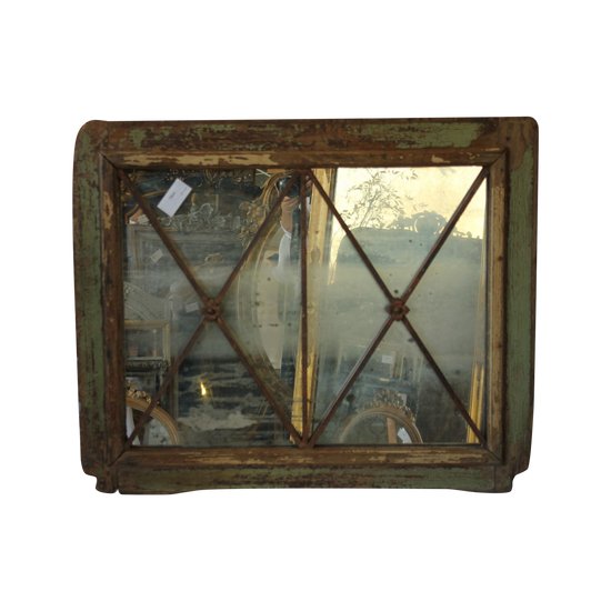 Miroir Ancien, imposte Boiserie, élément d'Architecture, Bois Et Fer Forgé 78 X 95 Cm